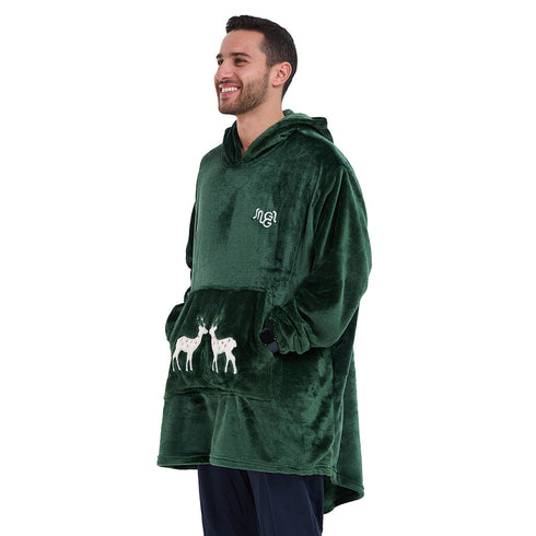 Snuggs Blanket Hoodie Dark Green Christmas Deer Pocket